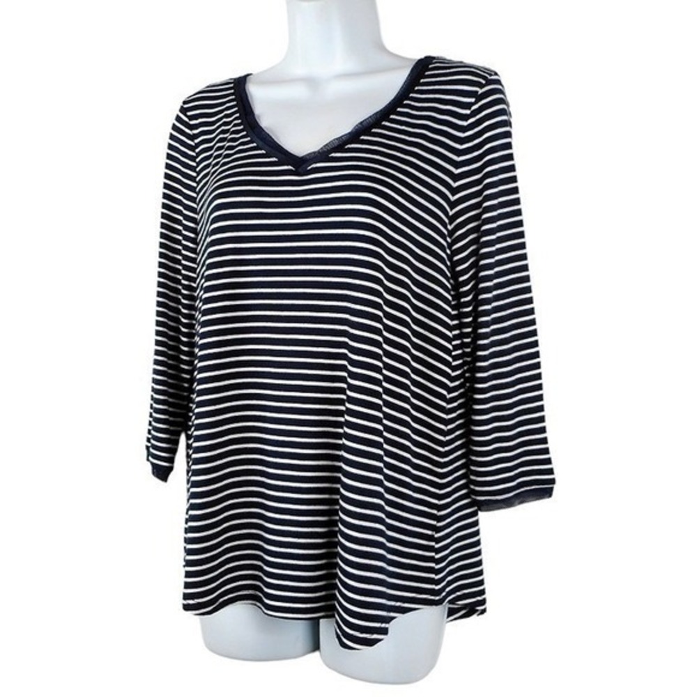 Marled Reunited Clothing Top Medium Blue White V-Neck 3/4 Sleeve Striped